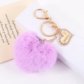 Purple faux rabbit fur heart keychain with gold-plated I Love You engraved pendant - Taro Purple