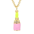 Lipstick pendant necklace in gold finish with pink and yellow enamel details - Pink