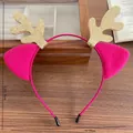 Pink plush reindeer antler headband with gold glitter ears for Christmas girls' hair accessories - Rose Red Reindeer Antlers