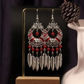 Bohemian silver drop earrings with red beads and hanging metal feather tassels - S4291-1 Red Leaf Fringe Earrings