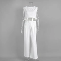 Detail of white sleeveless crop top and high-waist wide-leg trousers linen suit - S / White