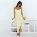 Robe longue d'été jaune pâle avec col en V, volants et fente latérale pour femmes - Jaune Clair