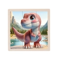 Educational red cartoon dinosaur 9-piece wooden puzzle for kids in a natural wood frame - T-Rex