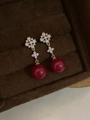 Close-up of 18K gold plated flower stud earrings with burgundy beads and zircon - Silver Earring Post-Gold-Red