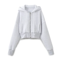 Detail of light gray cropped zip-up hoodie featuring a drawstring hood and front pockets - Light Grey Top