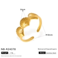 Macro shot of gold stainless steel shell ring with size specs and waterproof features - Three Shells Style (NB-R24378)
