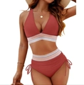 Two-piece brick red high waist bikini with rainbow striped elastic band detail - Brick Red