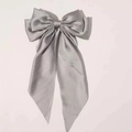 Elegant grey satin oversized bow hair clip with long ribbons and premium silk texture - Long Streamer Spring Clip / Gray