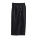 Detail of high-waist black denim midi skirt with front buttons and slit hemline - XS / Black Midi Skirt