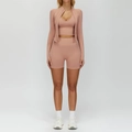 Ensemble de yoga sans couture côtelé rose poudré avec veste, brassière et short - S / Haut Et Bas / Ensemble 3 Pièces (Soutien-Gorge+Short+Veste) / Rose Rétro