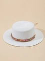 Cappello di paglia panama bianco con perline colorate e tesa larga per l'estate - M (56-58cm) / Bianco puro