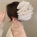 Elegant off-white organza hair scrunchie with pearl beads shown on model hair - Creamy White Pearl-Bubble Claw Clip