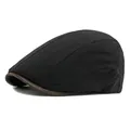 Classic black canvas beret hat with brown leather brim and vintage flat cap design - Adjustable / Black