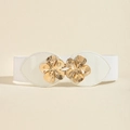 Detail of white elastic waist belt featuring a decorative golden peach blossom buckle - White