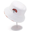 Cappello a secchiello bianco reversibile con ricamo a fungo e fodera a scacchi - Taglia Unica (56-58cm) / Ricamo a Fungo Bianco / Pois Rossi Reversibile