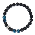 Close-up of 8mm tiger eye beads and black lava stone bracelet with silver cross charm - Baptism Blessing Card / Blue Tiger Eye & Matte Stone