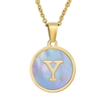 Collier plaqué or 18K avec pendentif rond en nacre et lettre Y pour femmes - Lettre Y (Chaîne Incluse)