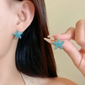 Starfish shaped stud earrings featuring golden metal base with blue textured enamel finish - 79# Silver Earring Post - Gold - Blue
