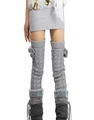 Light gray cable-knit leg warmers with pom-poms and thick faux fur trim for winter - One Size / Light Gray
