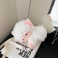 Cute white plush sheep crossbody bag featuring pink bows and a soft texture - Lamb