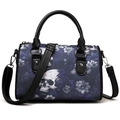 Boston style handbag with gothic skull floral pattern and black leather handles - Blue