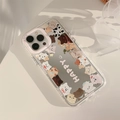 Detail of transparent iPhone case with cute cartoon cats and Happy Day typography print - Mirror Cat / 15promax