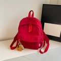 Mini red corduroy backpack for women featuring a decorative lucky charm pendant - With Pendant / Red