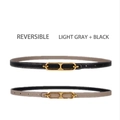 Reversible skinny leather belt for women in light grey and black with gold buckle - Light Grey + Black