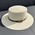 Creamy white flat top boater hat with brown leather band and golden metal buckle - M (56-58cm) / Milky White