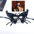Elegant black lace party mask for women shown in flat lay and model preview style - 039 Flower Butterfly