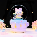 Dreamy purple teacup snow globe with pink cat figurine and glowing starry night base - 8520 Purple Bow / Large 100 Snow+Light+Music