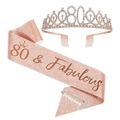 Rose gold 80th birthday kit with 80 & Fabulous glitter sash, tiara and pearl pin - 80 Years Old Rose Gold (Tiara And Pink Sash And Pin)