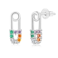 Macro detail of 925 silver safety pin earrings with colorful round zirconia stones - 10# (Platinum Multi-Color Stone)