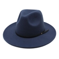 Classic navy blue wool fedora hat with a wide brim and decorative black leather band - M (56-58cm) / Navy Blue