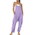 Detail of purple loose fit jumpsuit featuring deep V-neck, thin straps and large side pockets - Light Purple