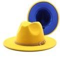 Detail of yellow wool fedora featuring royal blue lining and a brown leather belt buckle - Yellow and Royal Blue
