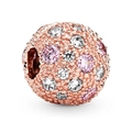 Rose gold spherical bead charm with pink and white pavé crystals on white background - 054-Stopper (Rose Gold Pink Clear Stone Sphere)