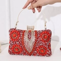Elegant red rhinestone evening clutch with gold circular handle and floral pattern - Rectangle Pillow Box - Red