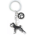 Silver metal keychain with black and white Schnauzer dog and paw print pendants - Black Paw Schnauzer (M10192)