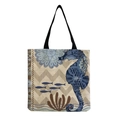 Foldable canvas tote bag with seahorse and coral print featuring black handles - Deep Blue Seahorse and Geometric Pattern (hm4545b)