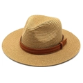 Chapeau Panama classique en paille avec bande en cuir marron sur fond blanc pur - M (56-58cm) / Kaki