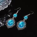 Vintage blue oval gemstone earrings with antique silver filigree drop and fishhook hooks - 54# Silver Blue Oval Vintage Ear Hook Style