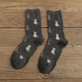 Dark grey wool knit mid-calf socks with cute cream cat pattern and red hearts - Dark Grey Cat
