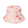 Pink cotton bucket hat with red strawberry pattern for women in a studio view - Strawberry Flower Print (12)