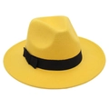 Detailed view of yellow wool fedora hat with a black grosgrain ribbon and side bow - Yellow