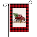 Detail of Christmas garden flag with vintage red truck, pine tree and plaid borders - Style 5