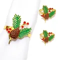 Golden pinecone and holly Christmas napkin ring with green leaves and red berries - Pine Cone Holly Style 95