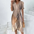 Women's V-neck midi dress featuring golden abstract prints and side button details - Gold