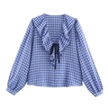 Blue and white plaid long sleeve blouse with ruffled V-neck and black bow tie - XS / Blue White Plaid