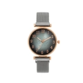Montre à quartz pour femme avec boîtier or rose, cadran à motif de feuilles et bracelet maille - Argent
